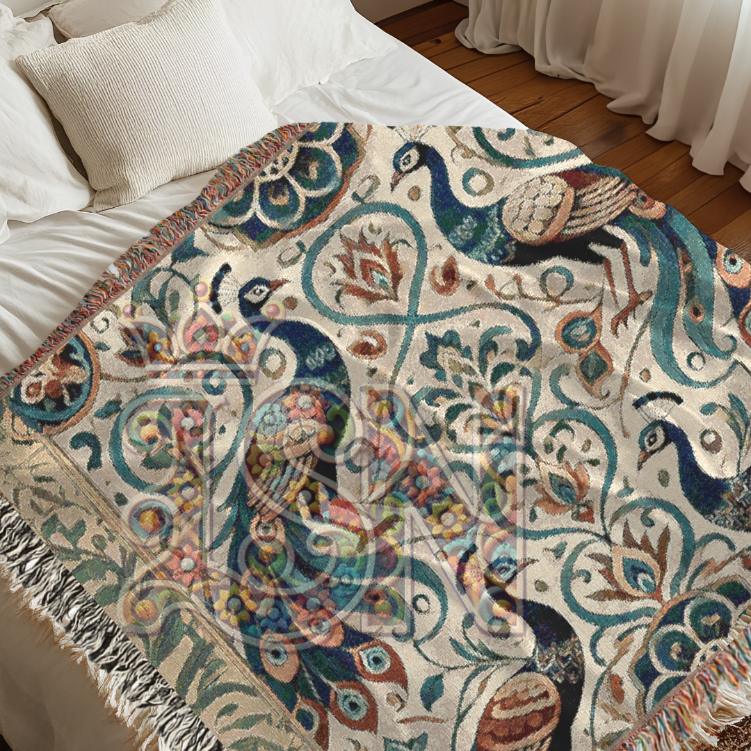 Elegant Peacock Pair Folk Art Woven Blanket – Timeless Beauty & Grace Throw