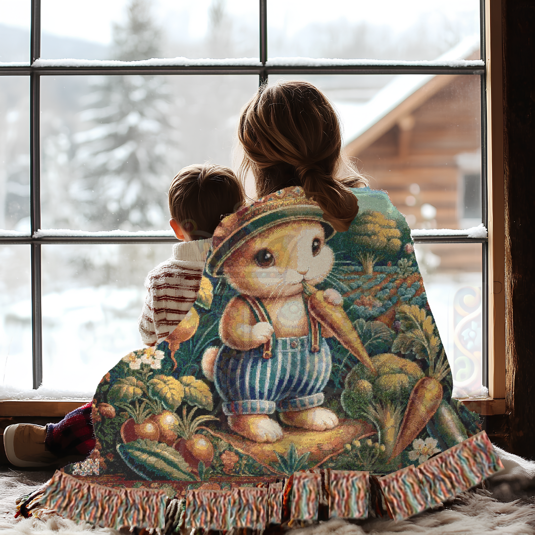 100% Cotton Woven Blanket - Male Bunny Eating Carrot Garden Patch