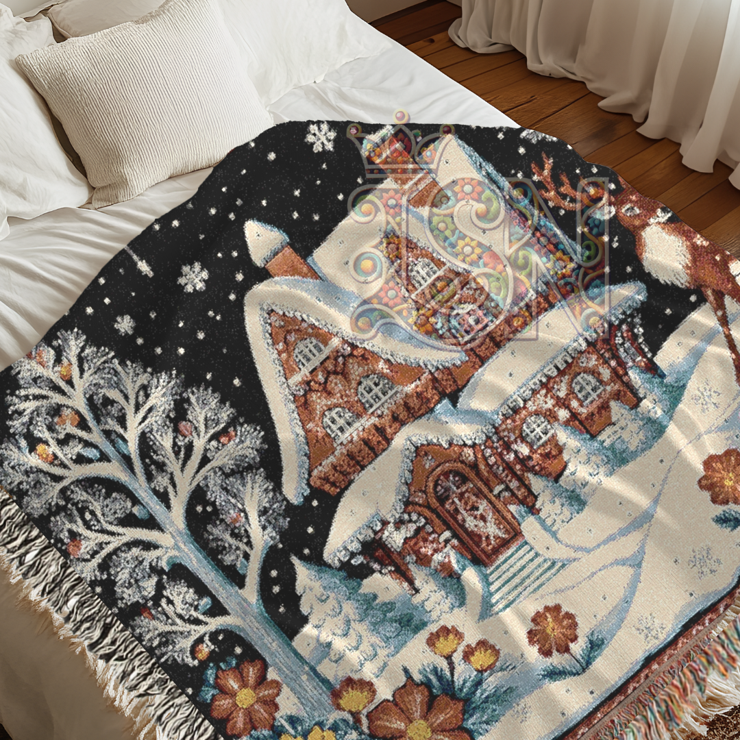 Enchanted Winter Cottage Whimsical Folk Art Snow Scene Woven Blanket – Cozy 100% Cotton Throw