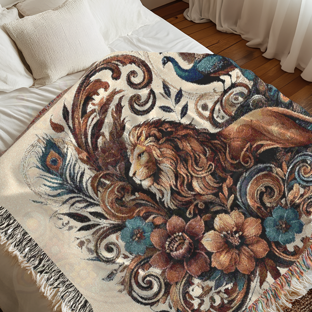 Regal Companions – Woven Blanket with Baroque Lion, Peacock & Floral Scrolls