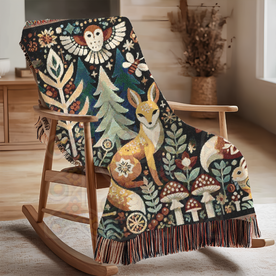Cozy Woodland Fox Tapestry Blanket – Folk Art Forest Animals Woven Throw, Rustic Boho Nature-Inspired Decor, Perfect for Fox Lovers & Cabin Vibes