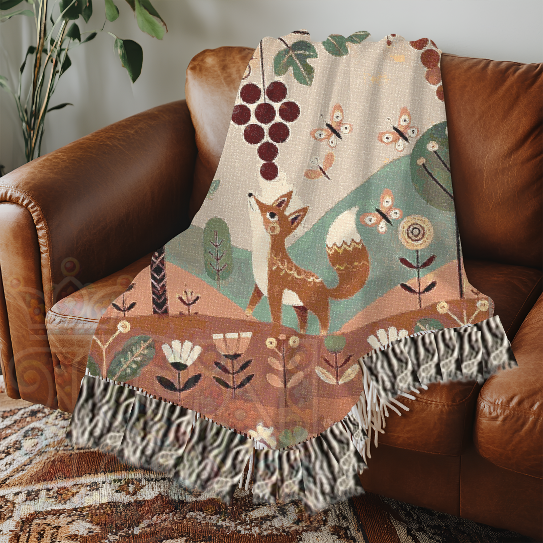 Folk Art Fox and Grapes Woven Blanket – 100% Cotton Throw for Cozy Woodland Decor