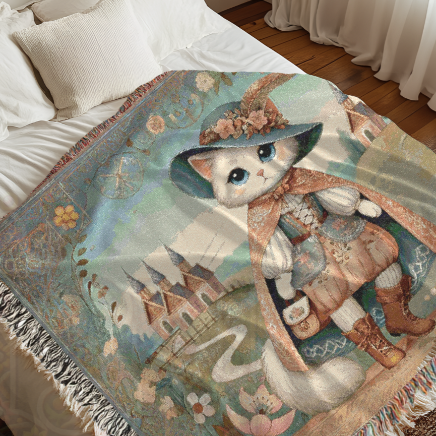Whimsical Puss in Boots Cat Blanket – Fairytale-Inspired Tapestry Throw, Cottagecore Home Decor, Storybook Cozy Gift for Cat Lovers