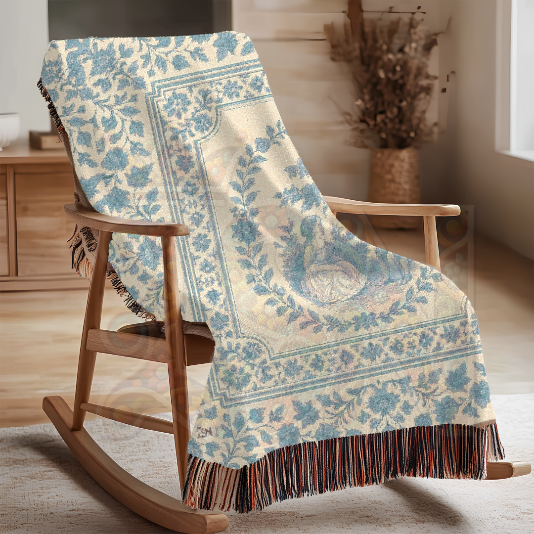 French Country Toile Woven Blanket – Blue & Cream Cotton Throw for Bed, Sofa or Wall Art – Romantic Tapestry Blanket Décor