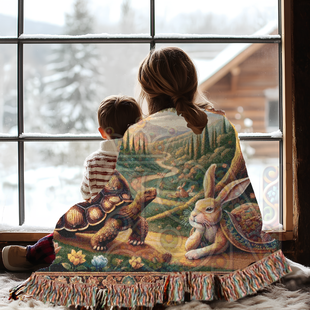 Tortoise and Hare Woven Blanket - 100% Cotton Fable Throw - Aesop’s Storybook Tapestry - Woodland Nursery Decor - Whimsical Folk Art