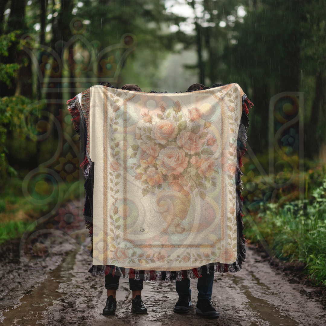 Rose Vase Reverie Fairycore Woven Blanket – Vintage Floral Throw
