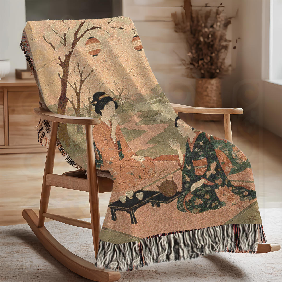 Blossom Gathering – Woven Blanket with Spring Picnic and Kimono-Clad Figures