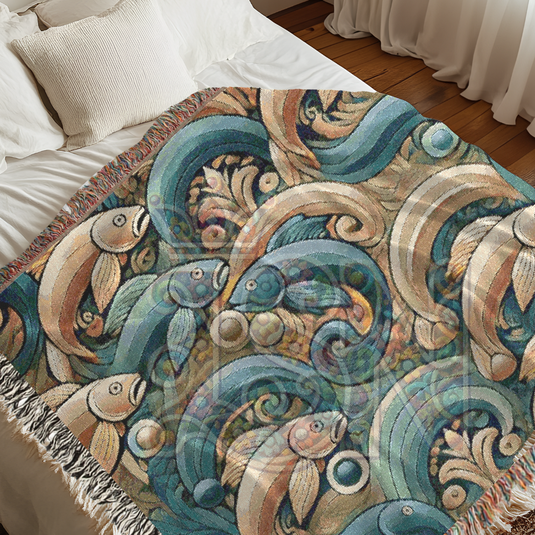 River Dance Folk Art Woven Blanket – Vibrant Fish & Flowing Water Nature-Inspired Throw