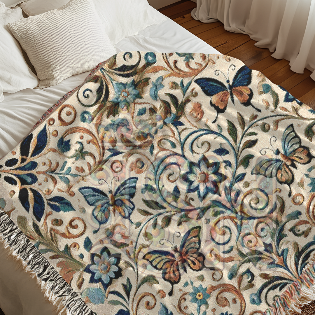 Garden Whispers Blue Butterfly Folk Art Woven Blanket – Serene Nature-Inspired Throw with Elegant Butterflies & Floral Motifs