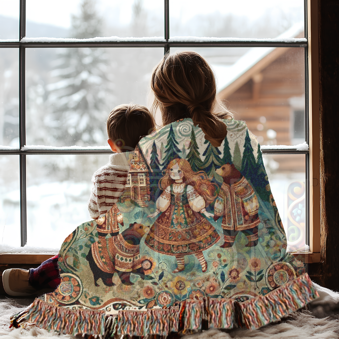 Goldilocks & Three Bears Woven Blanket – Cozy Folk Art Tapestry, 100% Cotton Fairytale Throw, Rustic Cottagecore Decor, Storybook Gift