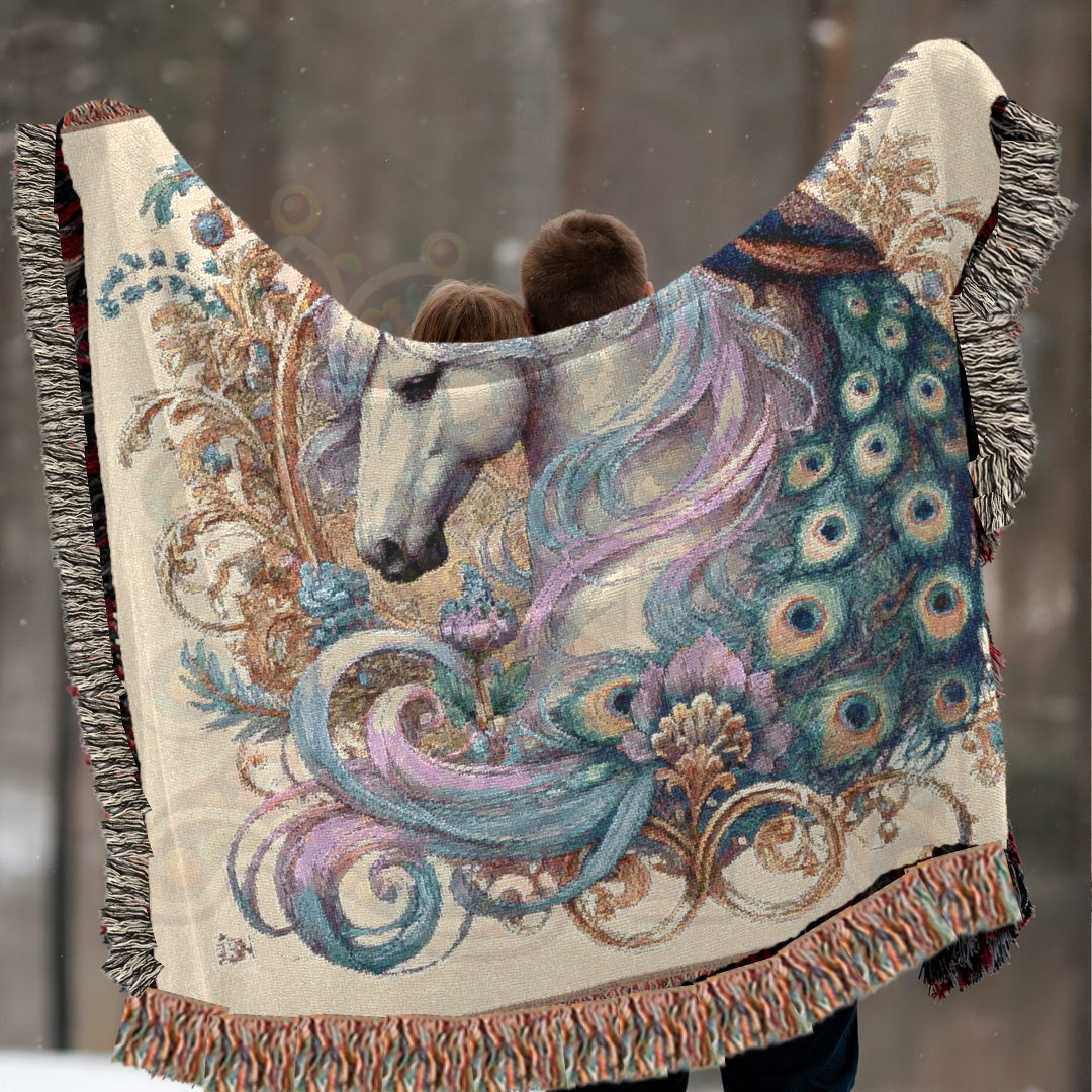 White Horse & Peacock Woven Blanket – 100% Cotton Tapestry Throw in White – Elegant Boho Decor, Cozy Art Blanket, Unique Gift, Luxury Home Accent