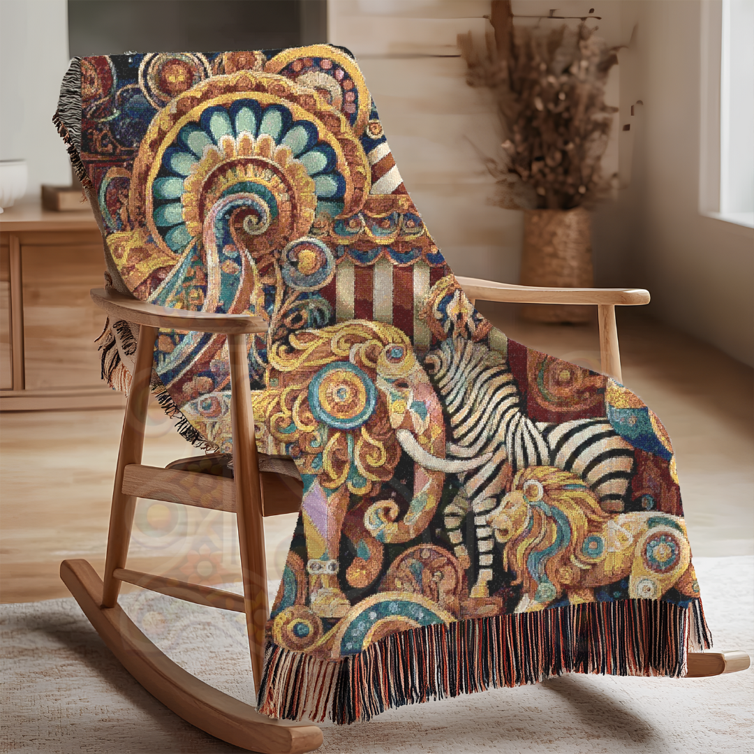 Vintage Circus Woven Blanket – Carnival-Inspired Throw, Boho Animal Tapestry, Ornate Elephant & Peacock Blanket, Whimsical Fairground Decor