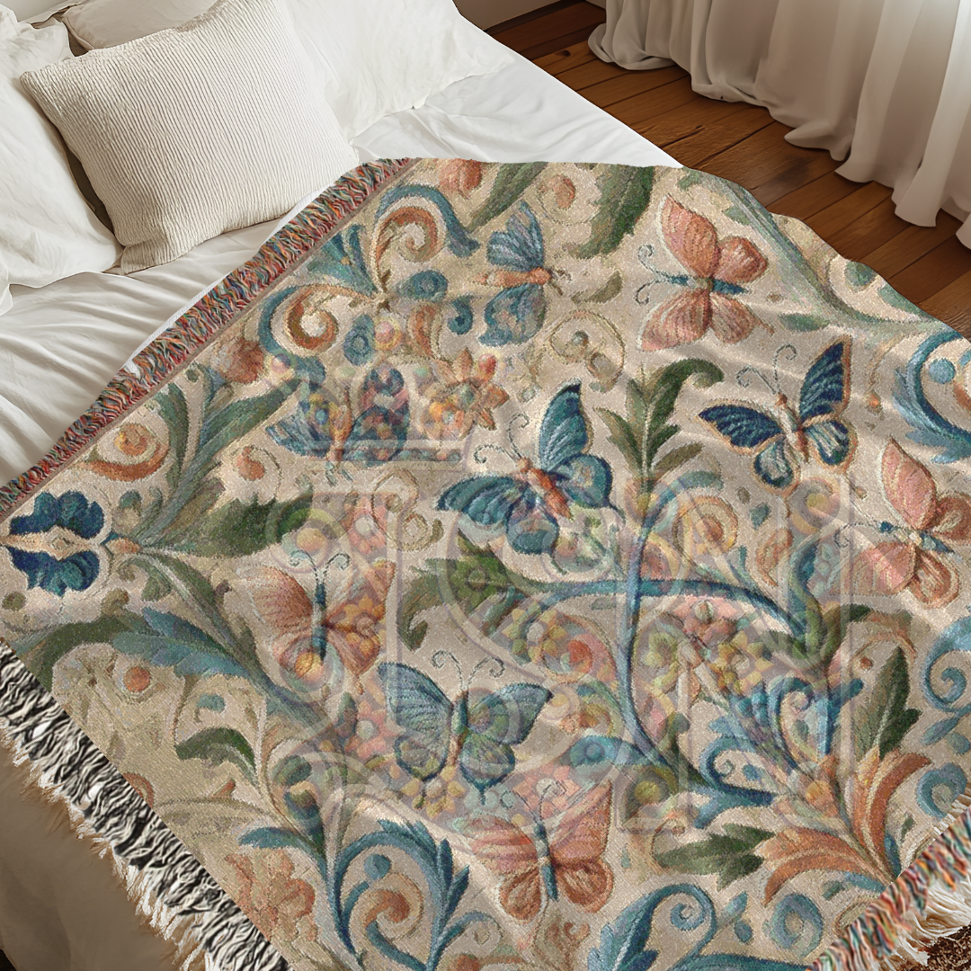 Fluttering Grace Pink & Blue Butterfly Folk Art Woven Blanket – Elegant Nature-Inspired Throw with Delicate Butterfly Motifs