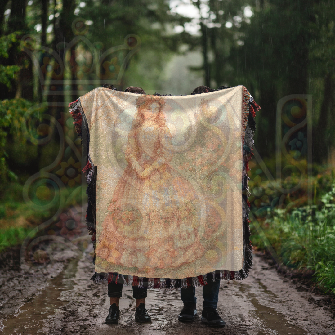 Dreaming Fairy Maiden – Fairycore Woven Blanket with Soft Pastel Floral Garden