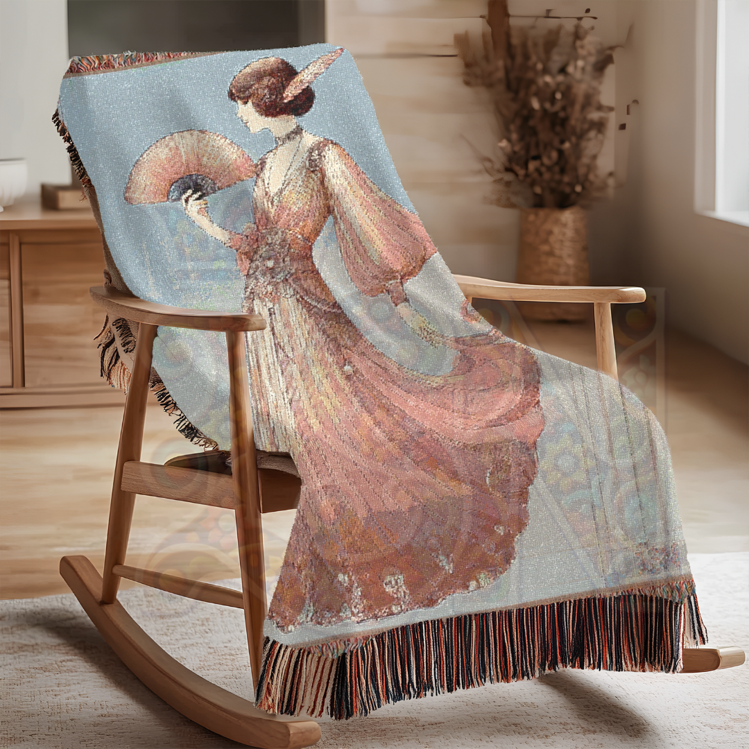 Art Deco Paris Woven Blanket 🇫🇷 100% Cotton Throw with Elegant Woman & Eiffel Tower – Vintage-Inspired Tapestry for Chic Home Décor