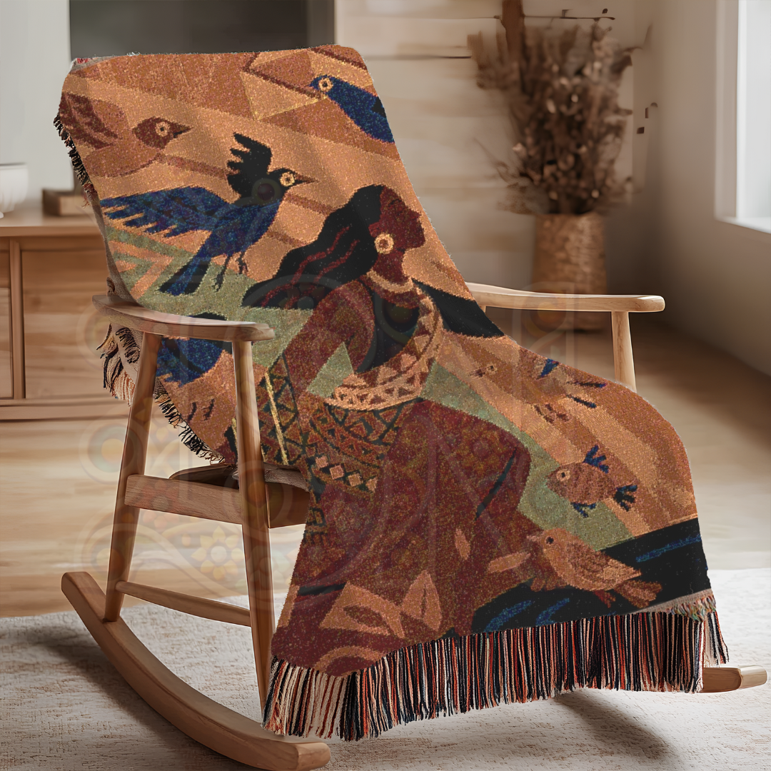 She Rose with the Birds – African Folk Art Woven Blanket, Symbolic Story Throw, Freedom-Inspired Tapestry, Gift for Women, Bold Home Decor