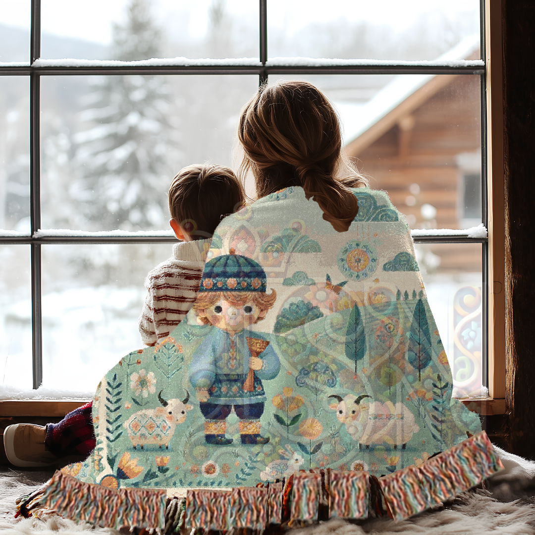 Little Boy Blue Folk Art Shepherd Woven Blanket – 100% Cotton Tapestry Throw – Cottagecore Boy with Sheep & Village Scene, Cozy Farmhouse Decor