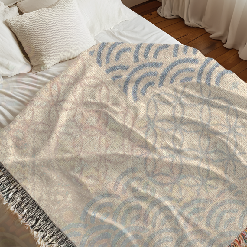 Heritage Tile Block Folk Art Woven Blanket Inspired by Japanese Motifs – Classic Blue Tile Pattern Throw, Decorative Folk Art Home Accent
