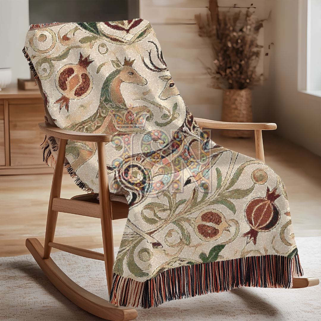 Regal Dance Crowned Stags & Pomegranates Woven Blanket – Noble Nature-Inspired Throw, Elegant Gift for Art Lovers