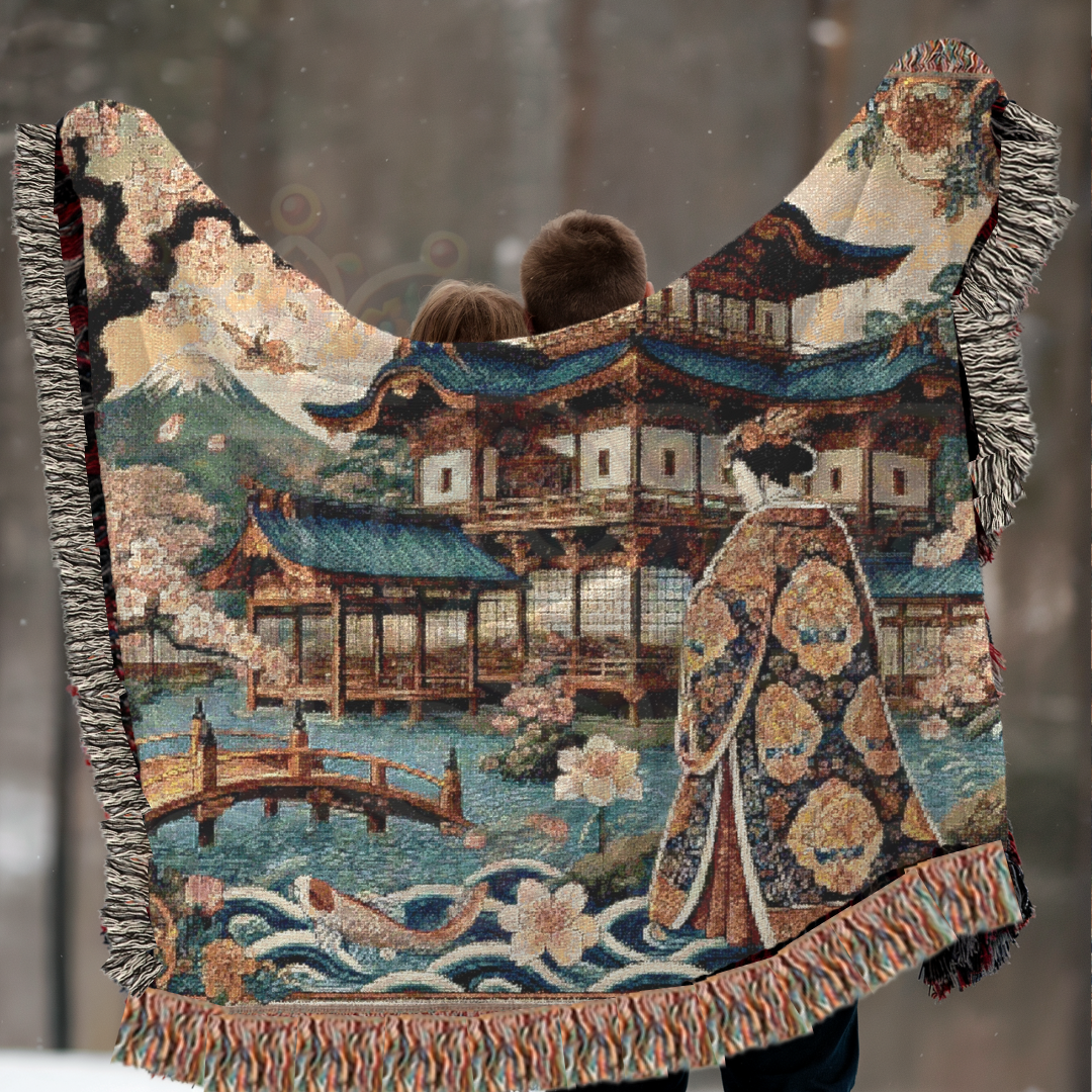 Japanese Garden Kimono Blanket – Cherry Blossom Art Throw, Elegant Asian-Inspired Home Décor