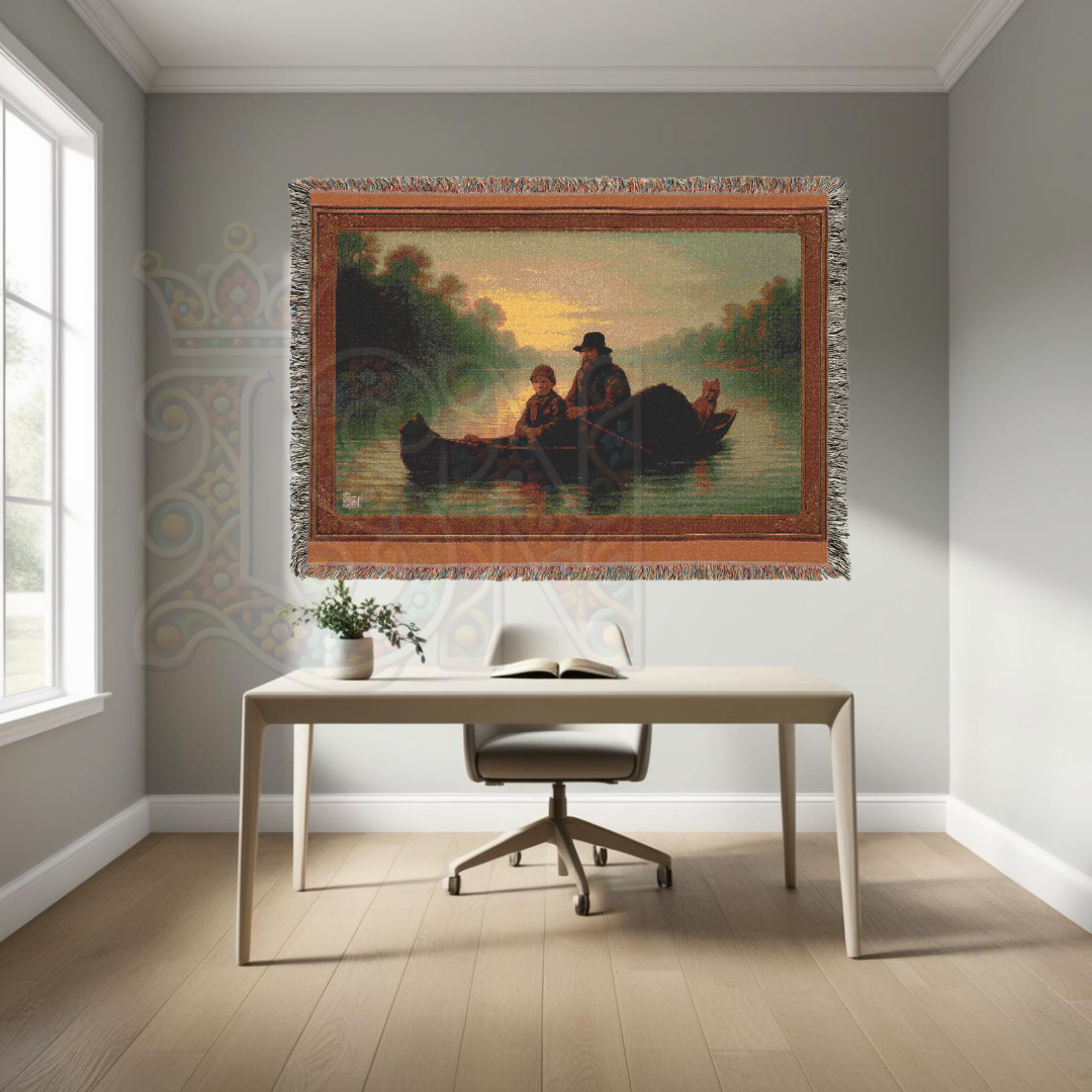 Evening Voyage – Folk Art Woven Throw Blanket with Canoe Scene