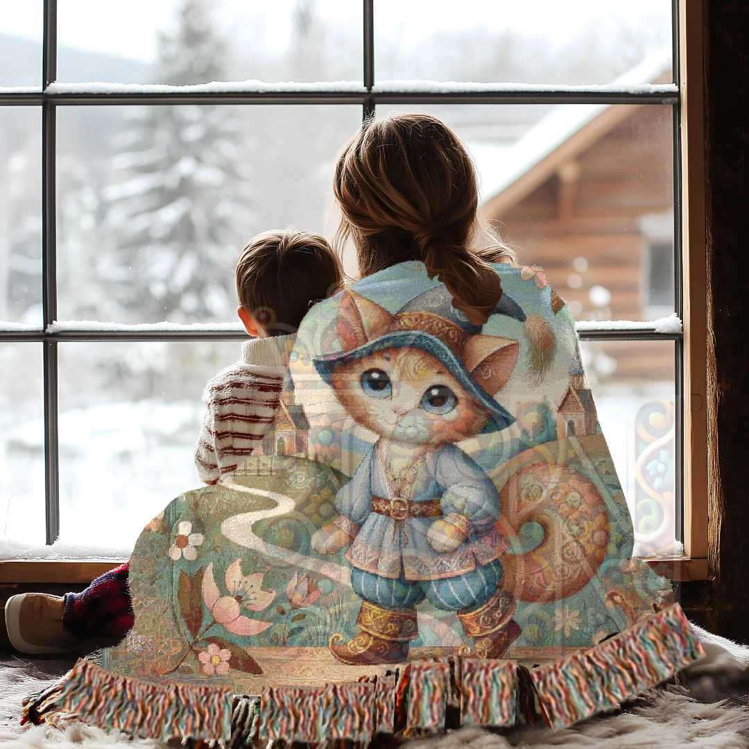 Whimsical Cat Woven Blanket – Fairytale Male Feline in Medieval Village | Cozy Storybook Tapestry Throw for Cottagecore & Boho Home Decor