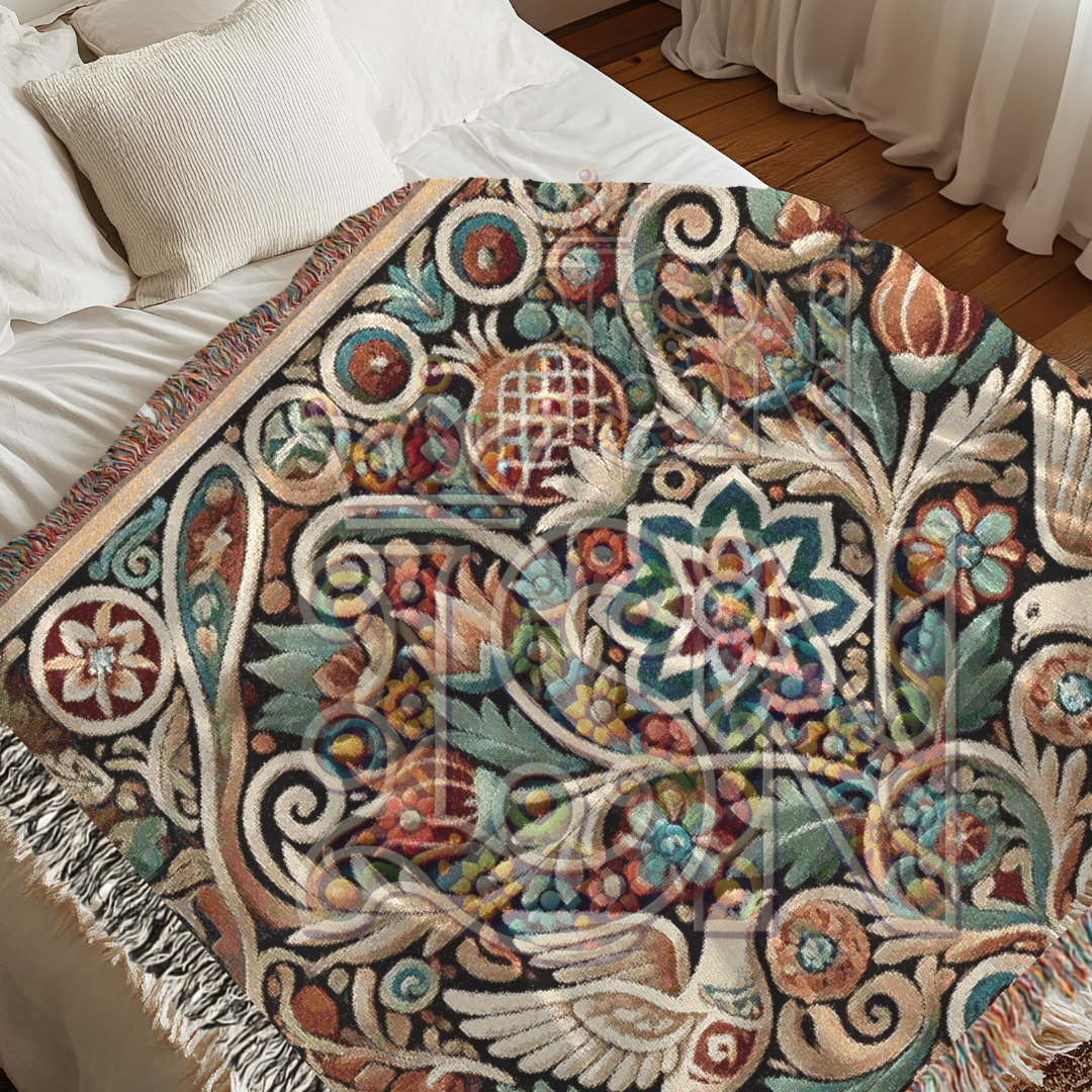 Peaceful Harmony Folk Art Dove Woven Blanket – Elegant Ornate Throw with Symbolic Doves & Garden Motifs