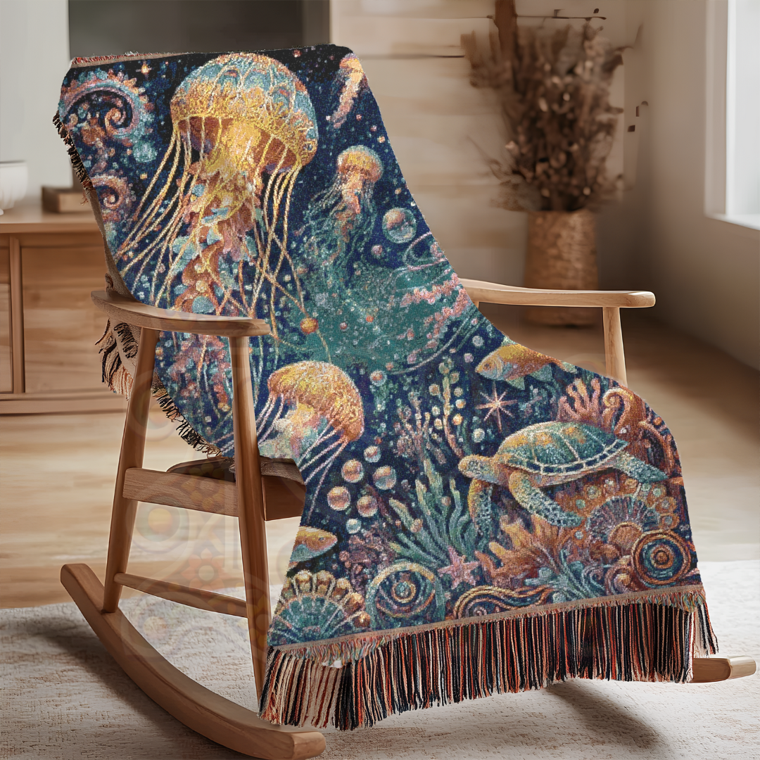 Jellyfish Dreamscape Mystical Ocean Life Woven Blanket – Serene Coastal Decor, Marine Gift for Nature Enthusiasts