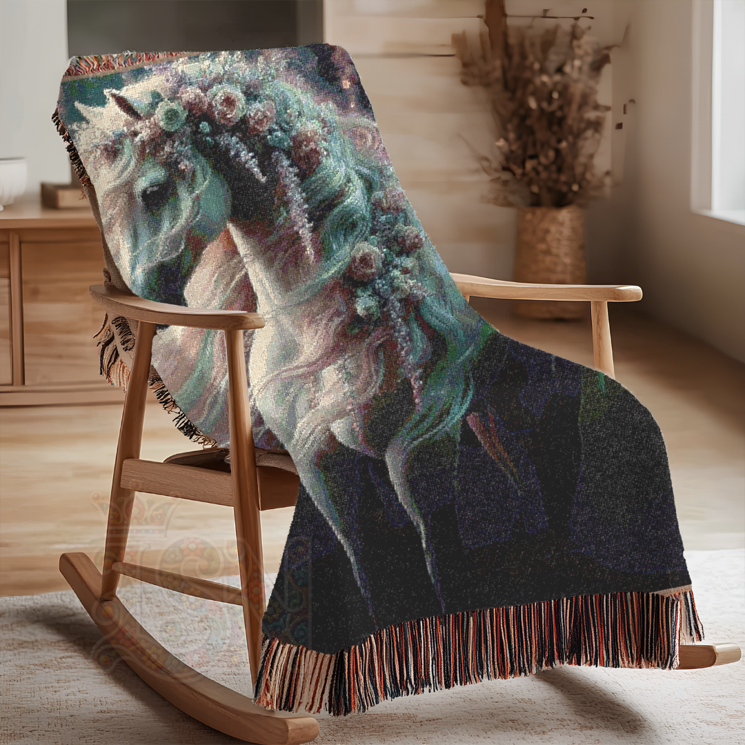 Magical Horse Woven Blanket – Fantasy Tapestry Throw – Mystical Horse with Floral Mane – Fairy Tale-Inspired Decor – Cozy Cottagecore & Gothic Aesthetic