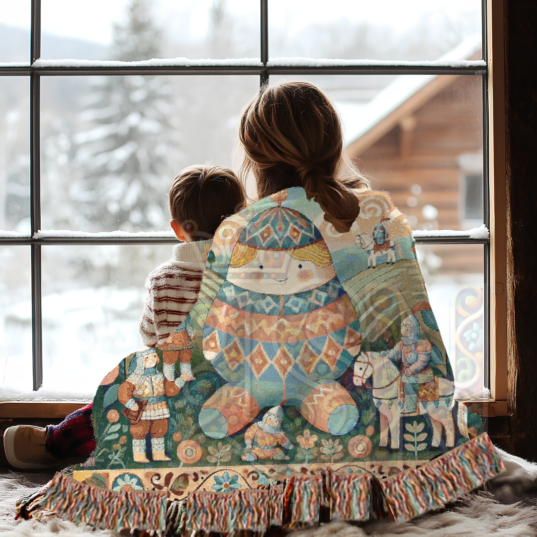 Humpty Dumpty & The Tiny Knights Woven Blanket, Fairytale Medieval Folk Art Throw – 100% Cotton Cozy Tapestry