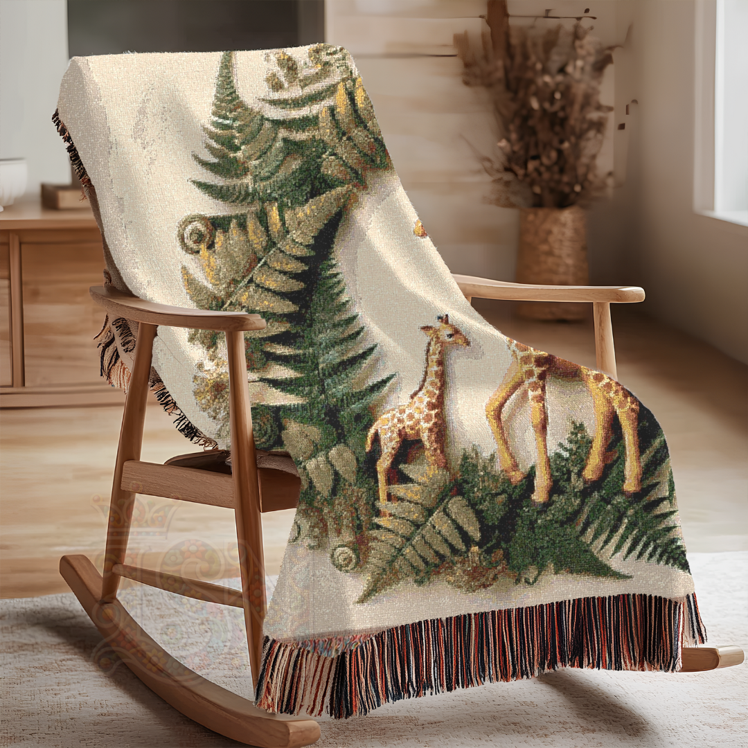 Safari Woven Blanket – Giraffe & Fern Tapestry – Botanical Jungle Throw – African Wildlife Nature Decor – Cozy Boho Safari Home Accent