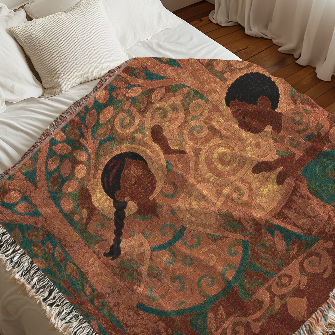 The Drummer Who Knew the Forest – African Folk Art Woven Blanket, Story Throw, Cozy Gift for Music Lovers, Nature-Inspired Decor