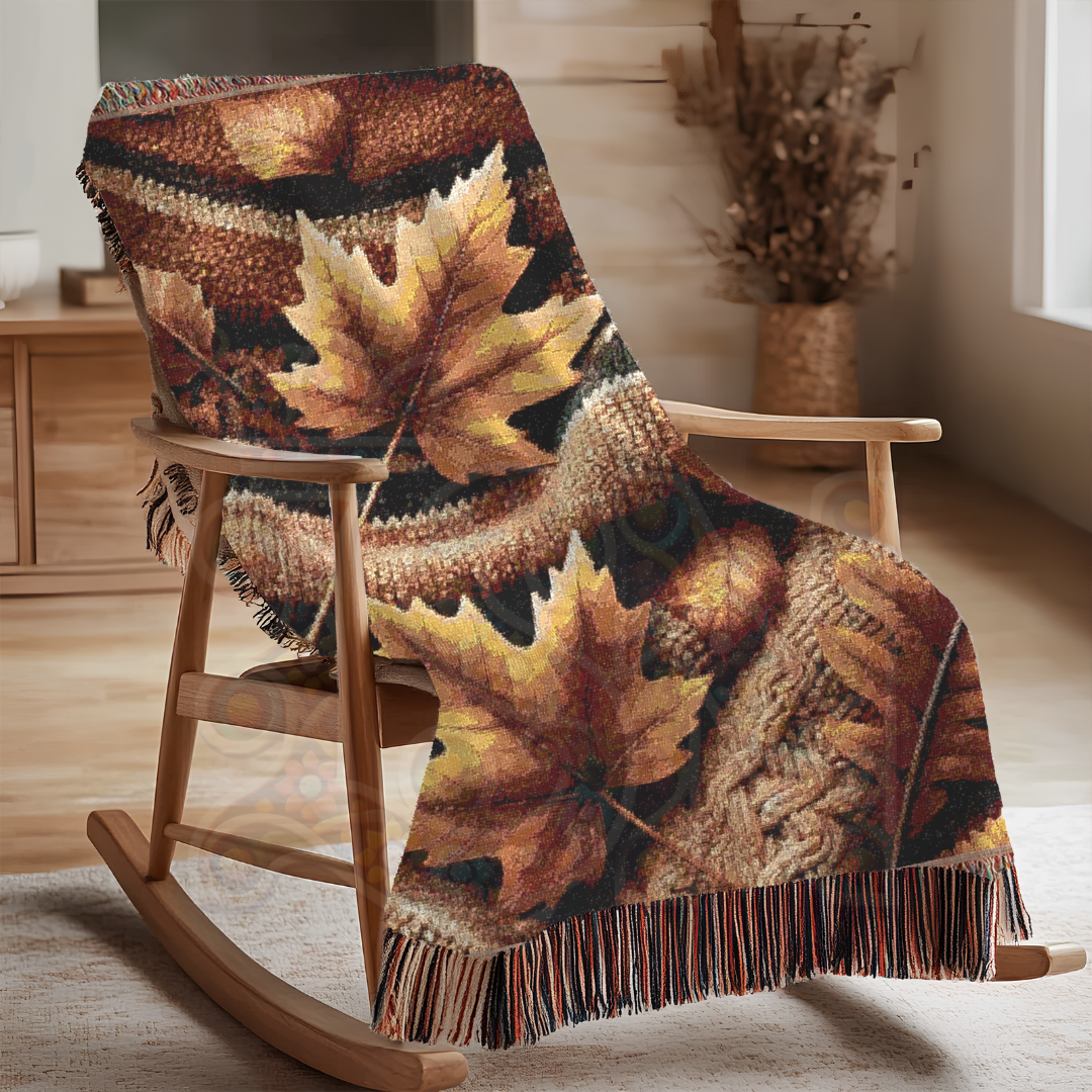 Cozy Autumn Leaves Woven Blanket – Fall Foliage Tapestry Throw | Rustic Seasonal Decor for Cottagecore, Cabin & Woodland Aesthetic