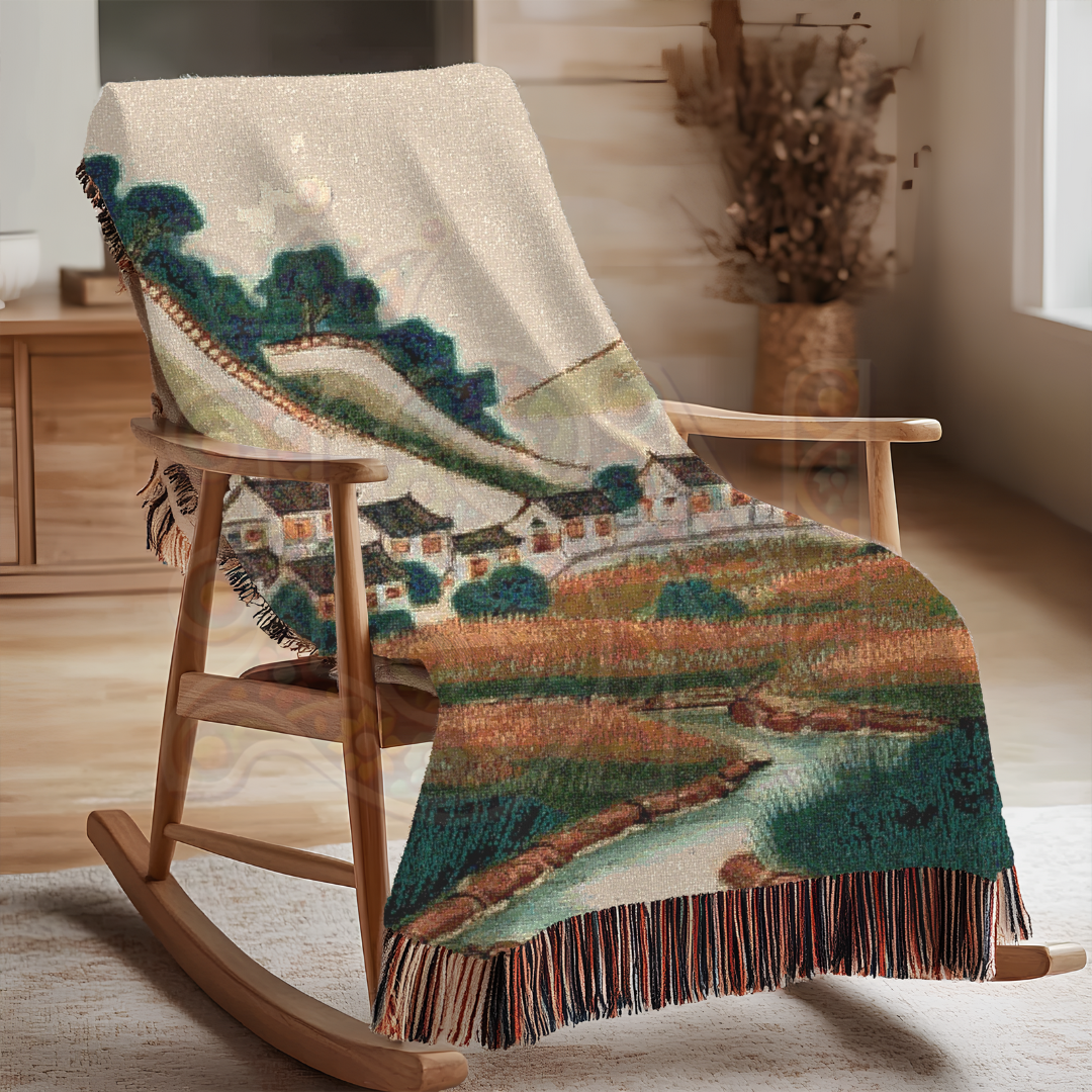 Valley of Harmony – Asian Korean Landscape Woven Blanket with Hillside Village Scene
