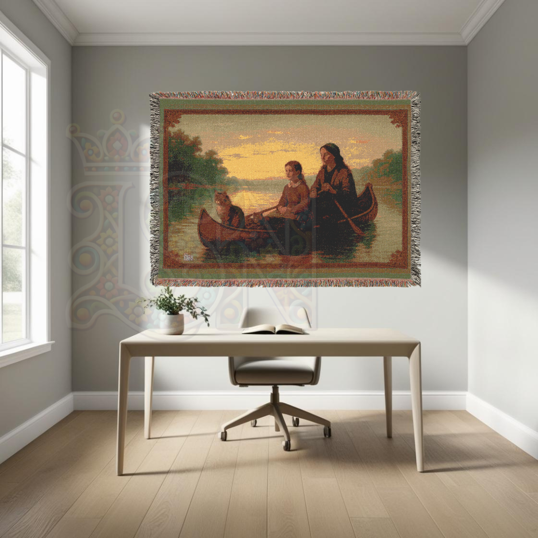 The Journey Home – Frontier Canoe Woven Blanket, Folk Art Throw Featuring Mother, Daughter & Cat at Sunset