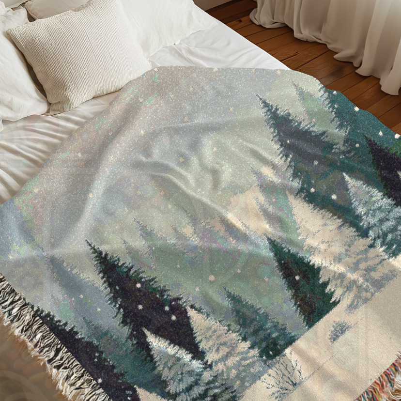 Snowy Forest Winter Woven Blanket – Cozy Snow-Covered Pines Tapestry Throw, Serene Nordic Winter Landscape for Home Decor