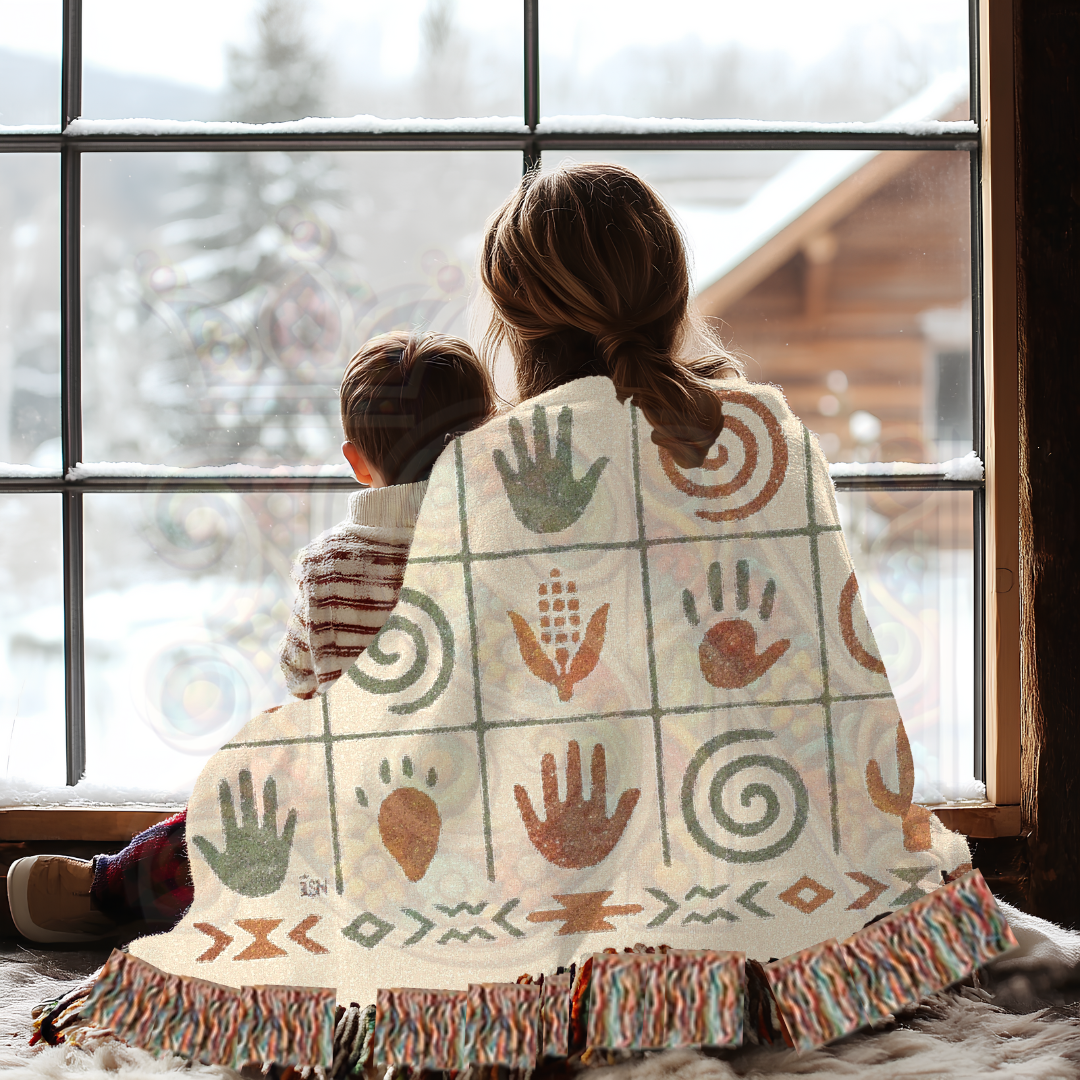 Ancient Echoes – Woven Blanket with Southwest-Inspired Hand, Spiral & Nature Symbols