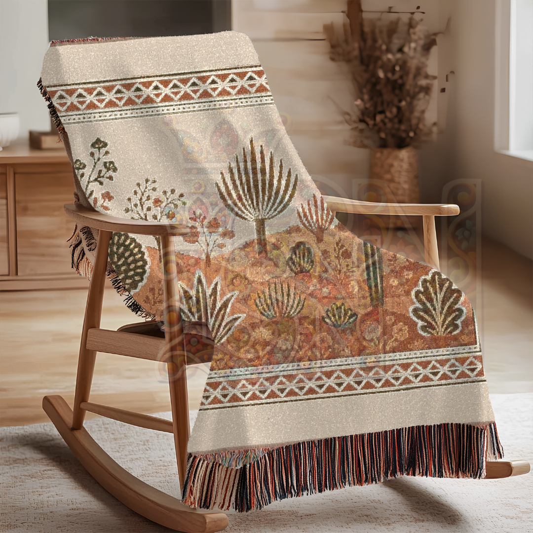 Desert Blooms Southwest Desert Flora Folk Art Woven Blanket – Nature-Inspired Cozy Throw, Southwestern Home Decor Gift