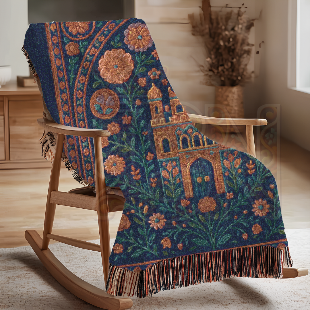 Enchanted Castle Garden Mystical Fortress Folk Art Woven Blanket – Magical Home Decor Throw, Fairy Tale Gift