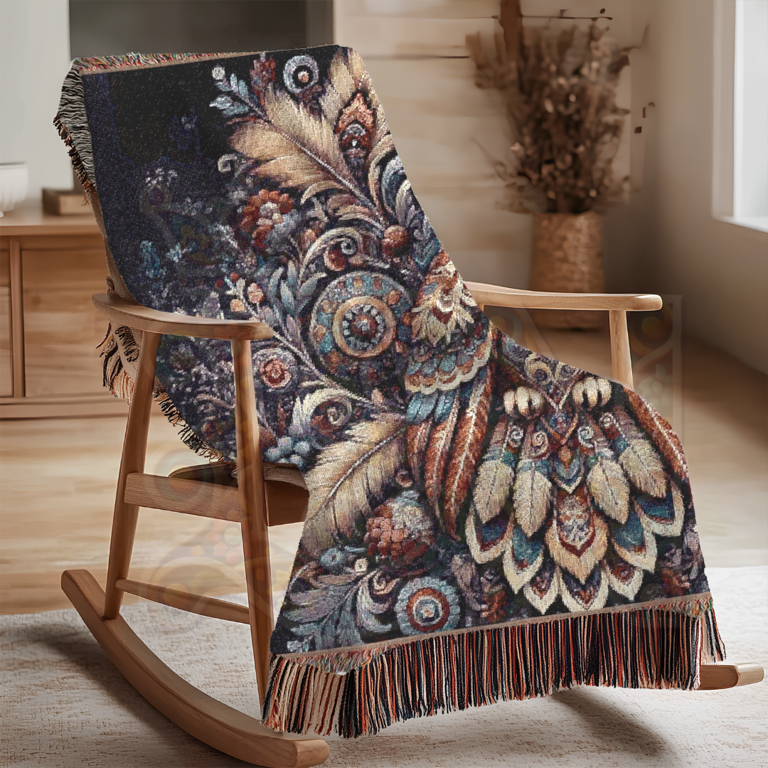 Boho Owl Woven Blanket – Forest Throw, 100% Cotton, Native American Folk-Inspired Home Decor, Cozy Woodland Gift