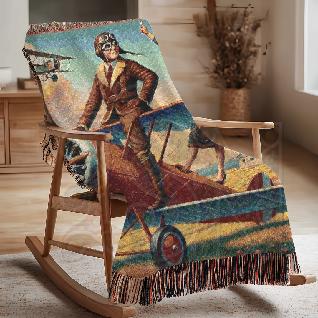 Vintage Aviation Woven Blanket - 100% Cotton Barnstormer Tapestry - Pilot Adventure Throw - Retro Flight Home Decor & Gift