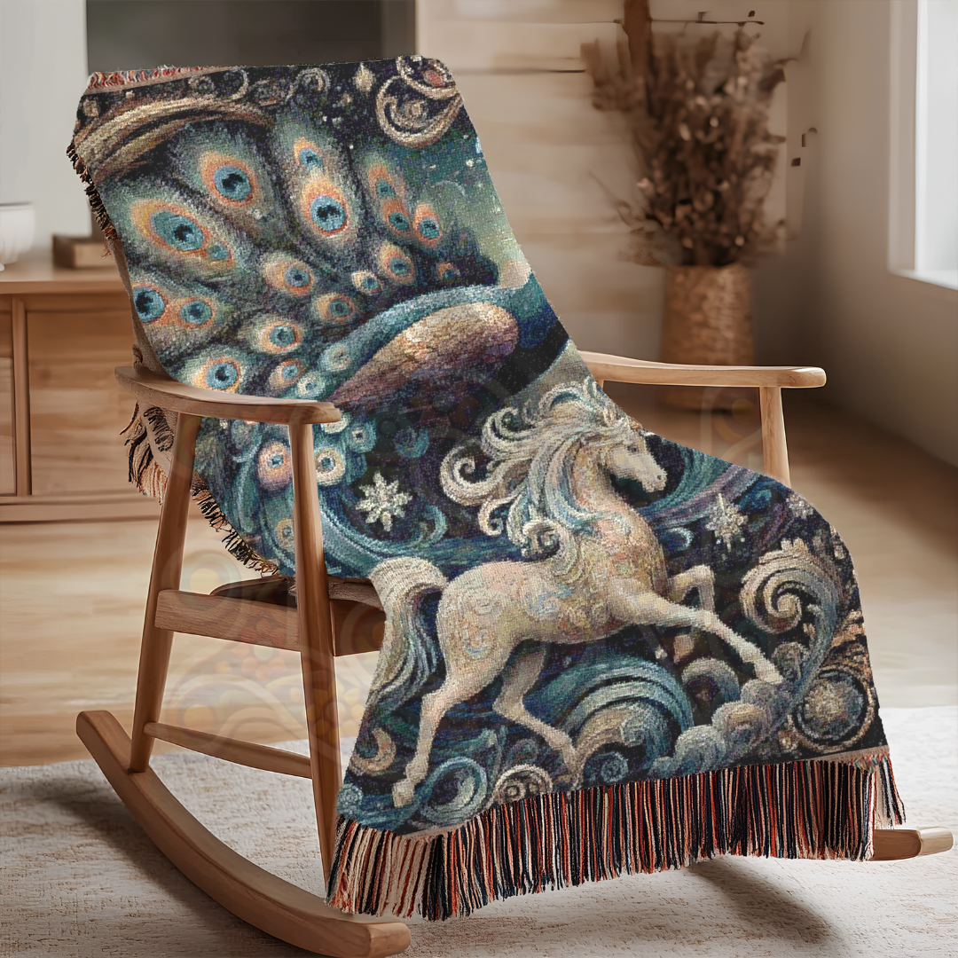 Peacock & Unicorn Woven Blanket | 100% Cotton Fantasy Tapestry | Gothic Fairytale Throw | Celestial Art Decor | Enchanted Cozy Gift