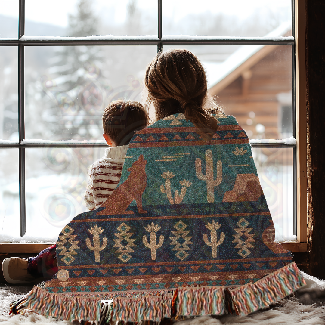 Desert Song – Southwestern Coyote & Cactus Woven Blanket with Folk Pattern