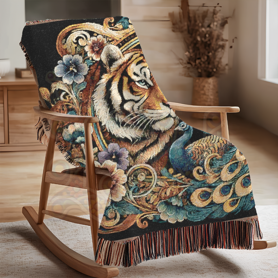 Tiger & Peacock Woven Blanket | Baroque Wildlife Cotton Tapestry | Maximalist Boho Throw | Regal Jungle Decor | Exotic Nature Gift