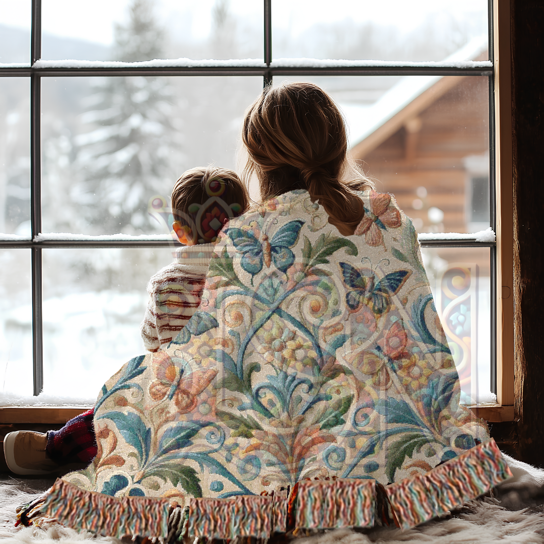 Fluttering Grace Pink & Blue Butterfly Folk Art Woven Blanket – Elegant Nature-Inspired Throw with Delicate Butterfly Motifs