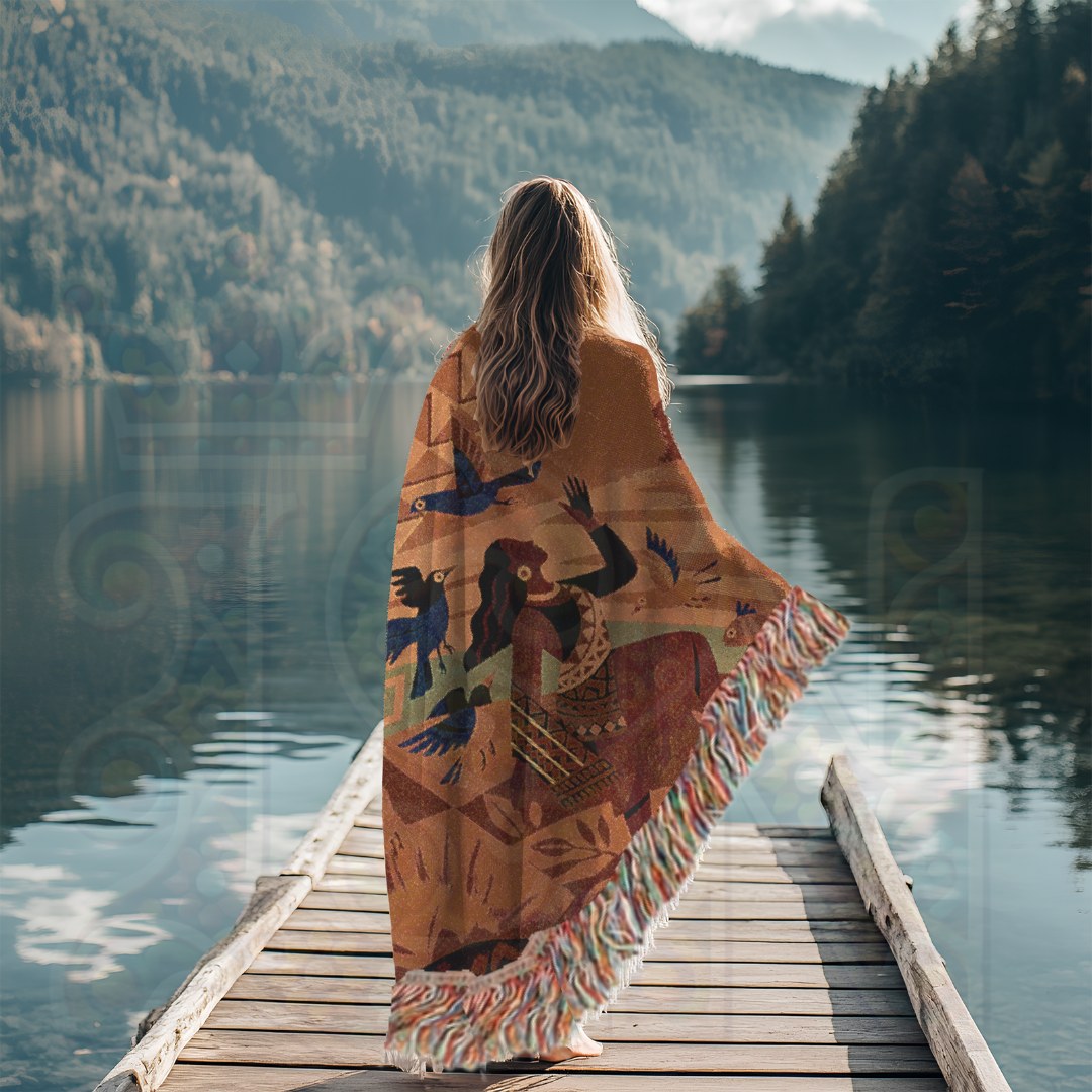 She Rose with the Birds – African Folk Art Woven Blanket, Symbolic Story Throw, Freedom-Inspired Tapestry, Gift for Women, Bold Home Decor