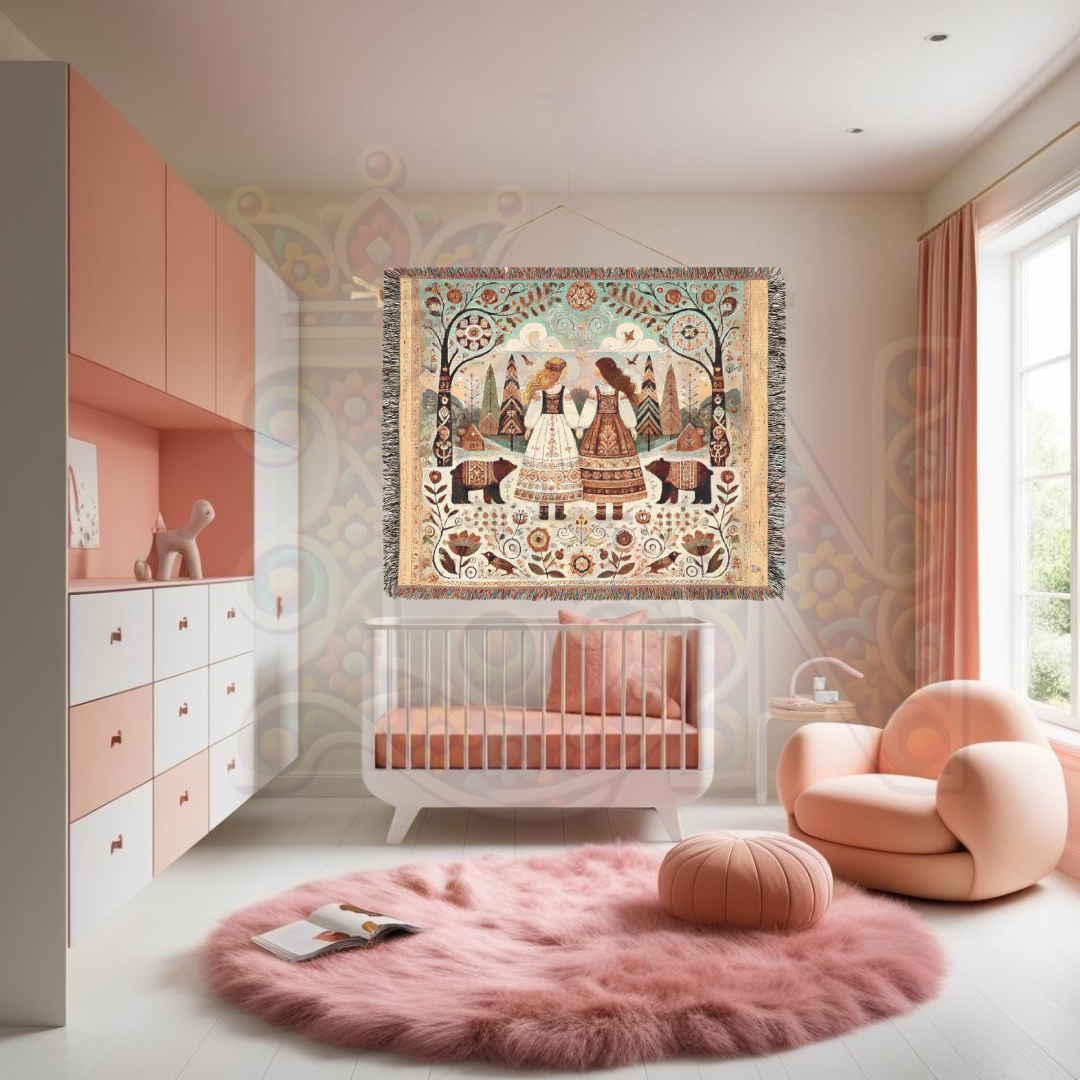 Whimsical Folk Art Woven Blanket – Nordic Sisters & Bears Tapestry Throw | Cozy Cottagecore, Fairytale Home Decor, & Storytelling Art