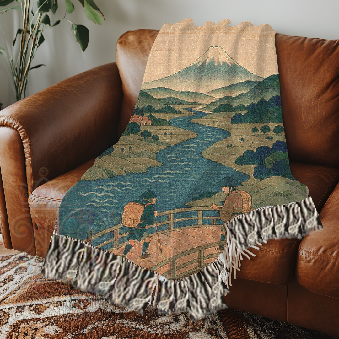 Bridge to the Mountain – Japanese Ukiyo-e Style Woven Blanket with River and Travelers