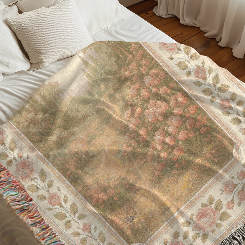 Whispering Rose Path – Fairycore Woven Blanket with Garden Path and Blooming Roses
