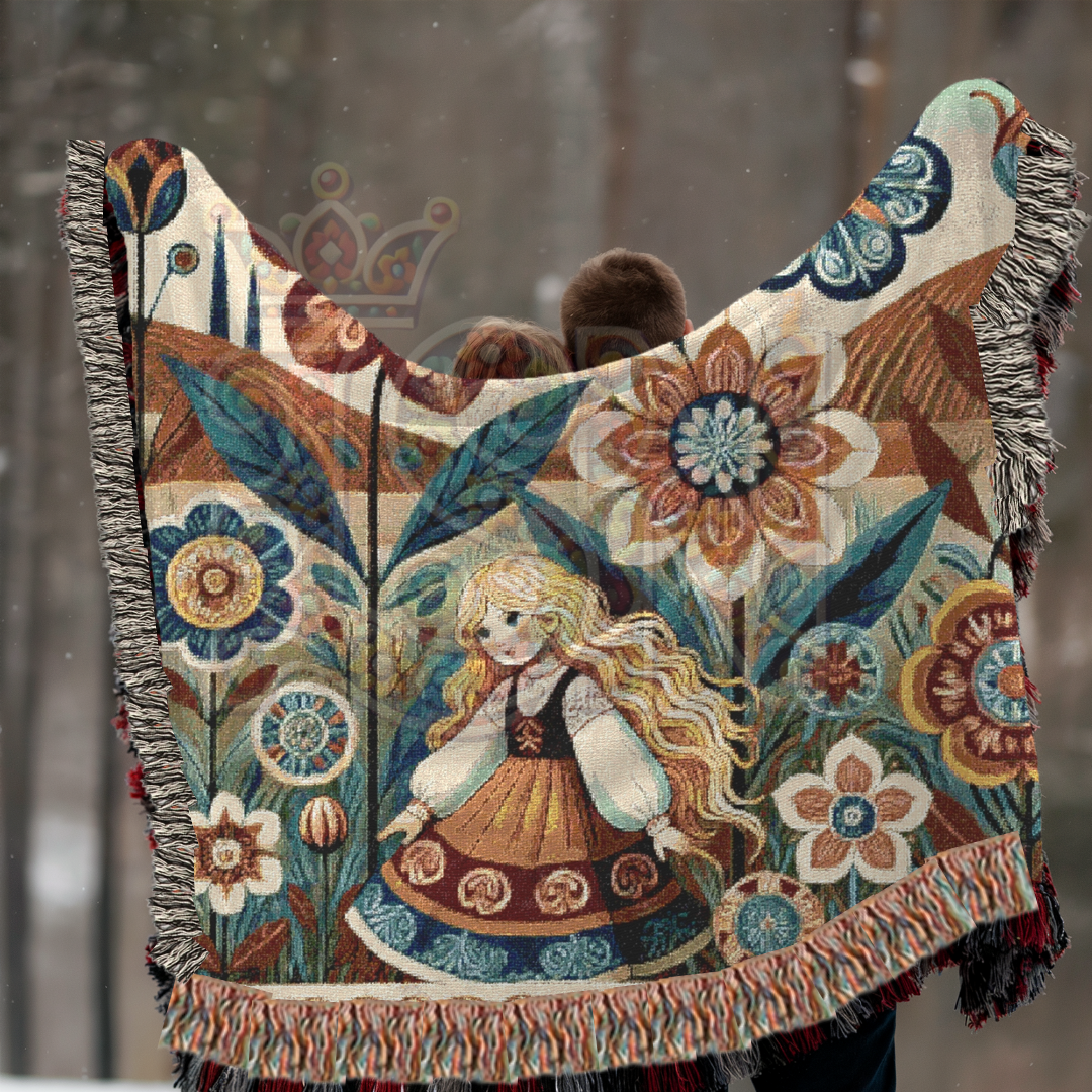 Folk Art Woven Blanket – Golden-Haired Maiden in an Enchanted Floral Field | Boho Nordic Storybook Tapestry Throw for Cozy Home Decor